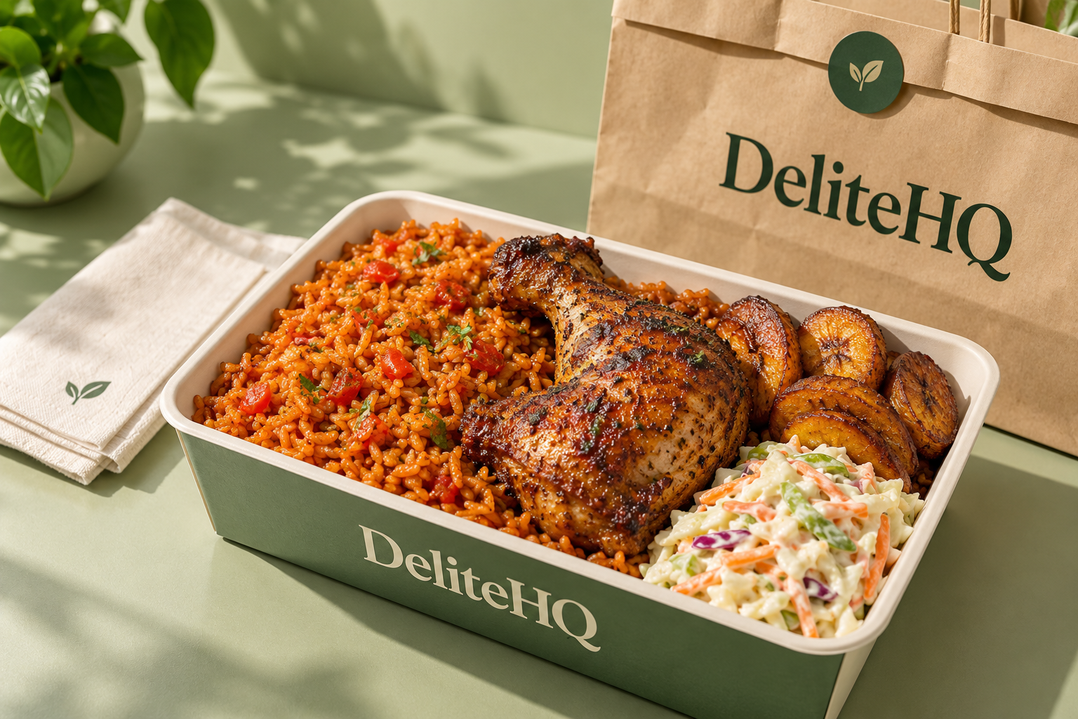 Jollof rice, grilled chicken, plantain and coleslaw in DeliteHQ packaging